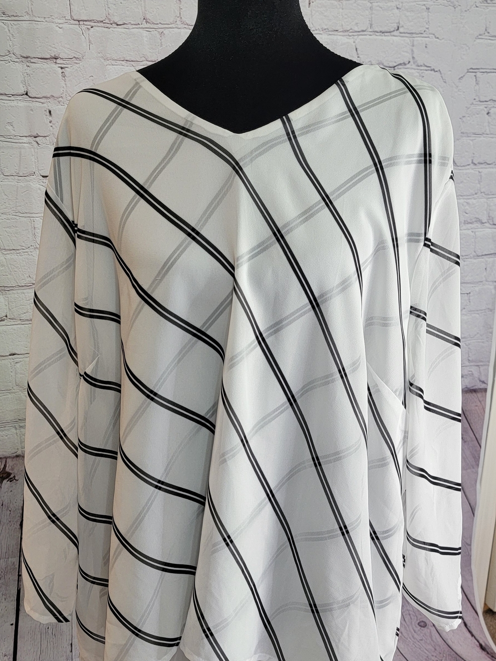 Chico's White Blouse with Black Windowpane Stripes XL